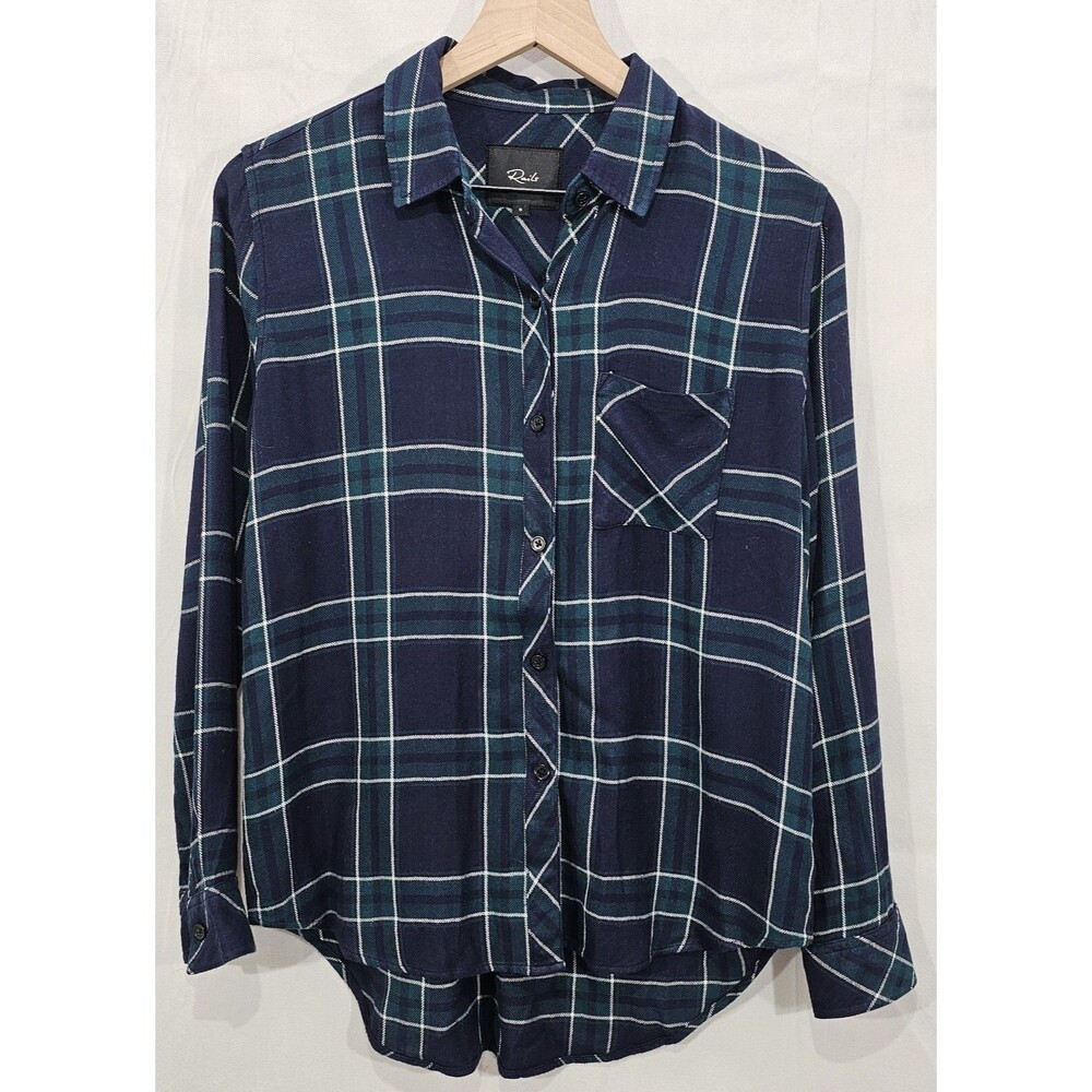 Rails Hunter Plaid Button-Up Shirt Navy Green Relaxed Fit Long Sleeve Women's S